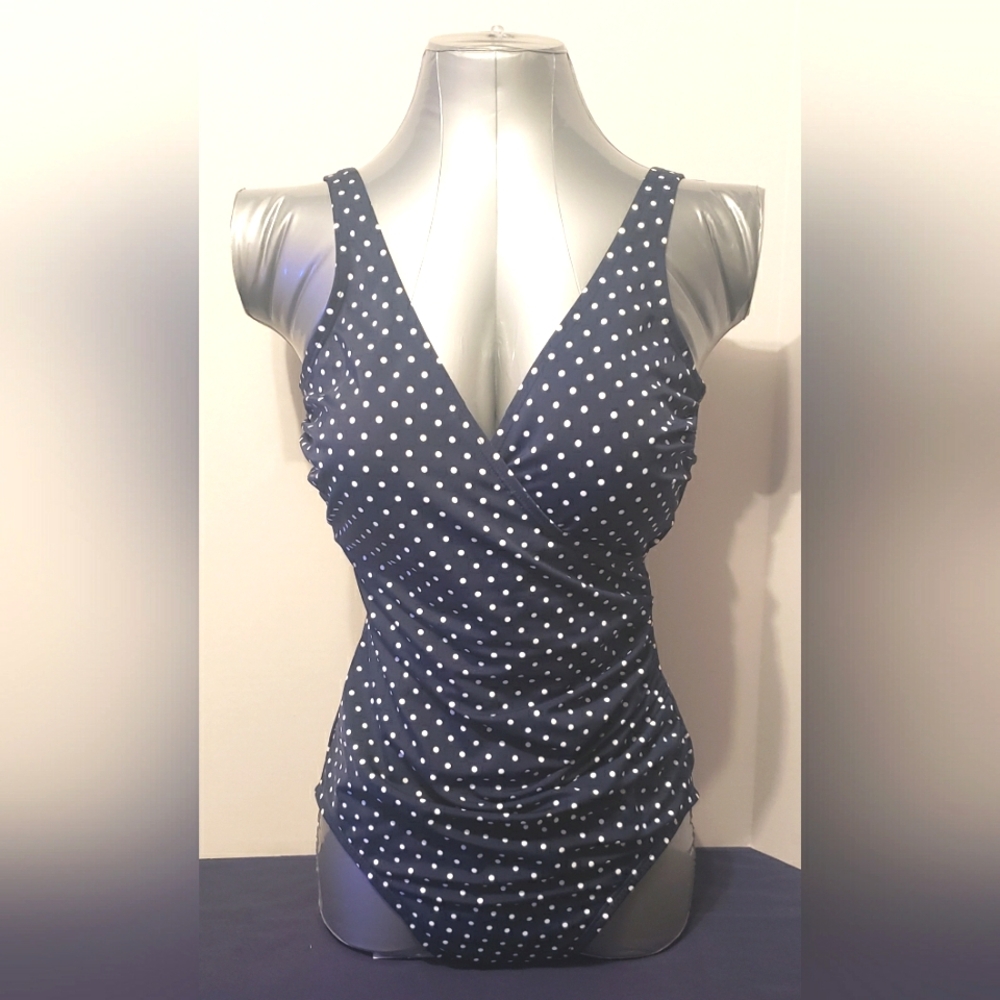 Miraclesuit Oceanus One Piece Swimsuit 12 Navy Blue Polka Dots Dotted Slimming